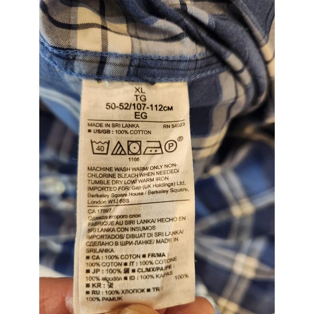 Banana Republic Mens XL Grant Fit Custom Wash Blue Plaid Cotton Button‎ Shirt